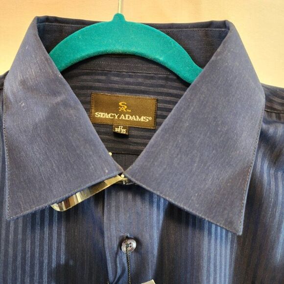 STACY ADAMS BLUE PIN STRIPE NWT SIZE 17 34/35 SHIRT FRENCH CUFFS LONG SLEEVE - Picture 6 of 10